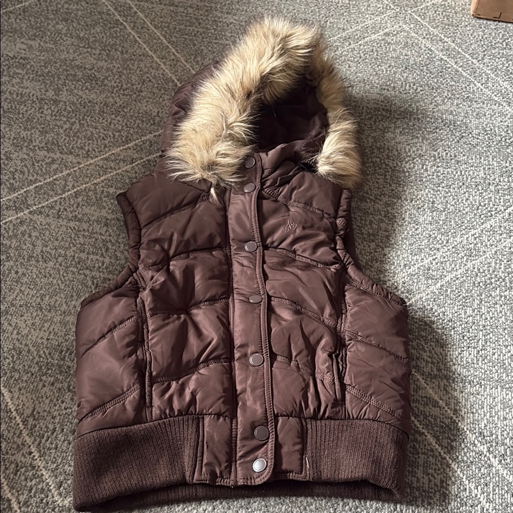 Aeropostale Brown Puffer Vest with Faux Fur Hood